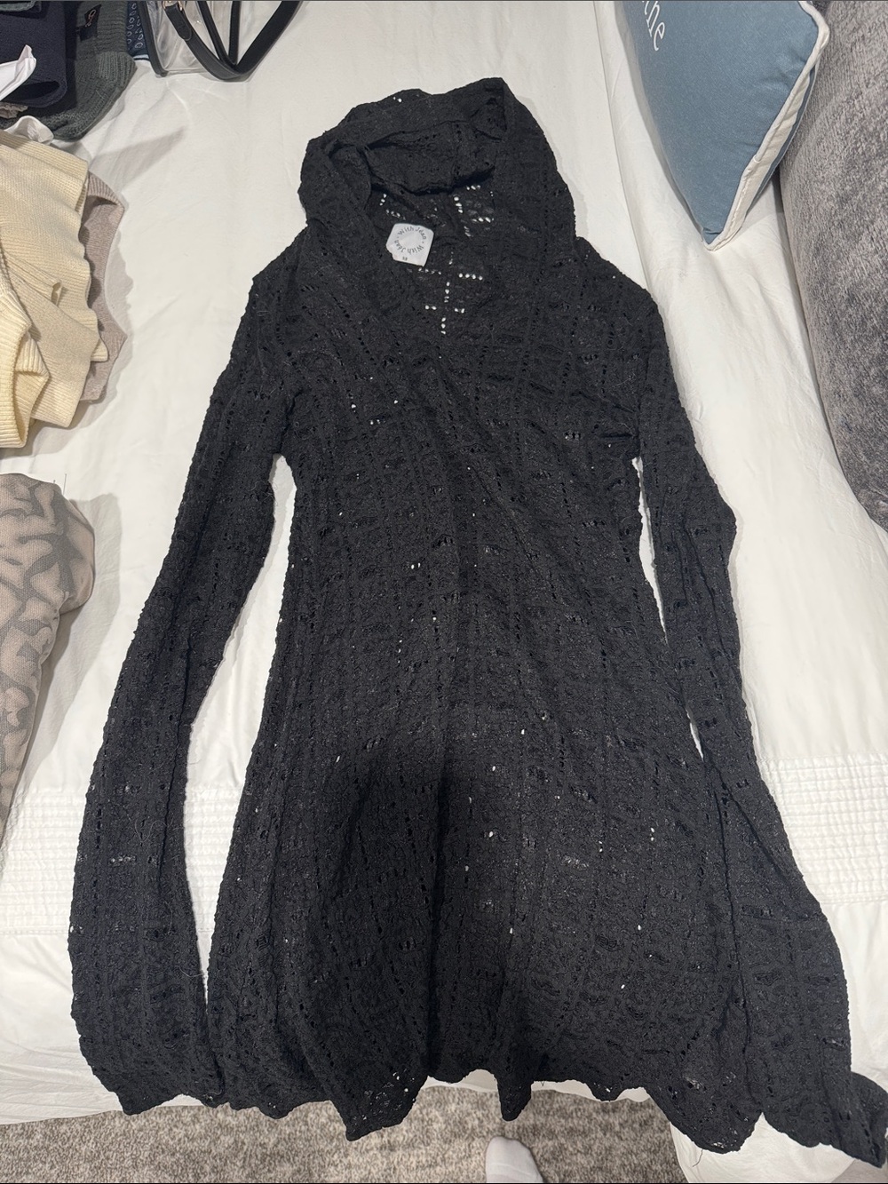 With Jean Black Open-Knit Hooded Mini Dress